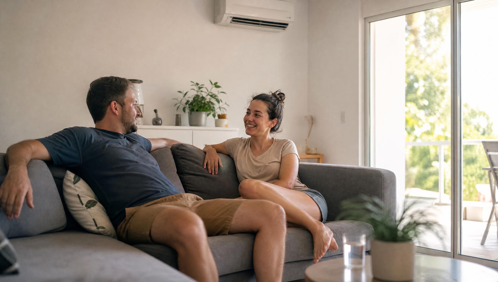 Paar entspannt auf dem Sofa im angenehm gekühlten Wohnzimmer mit Klimagerät